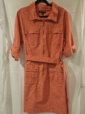 Sharagano Coral-Orange Zip Front Utility Shirtdress